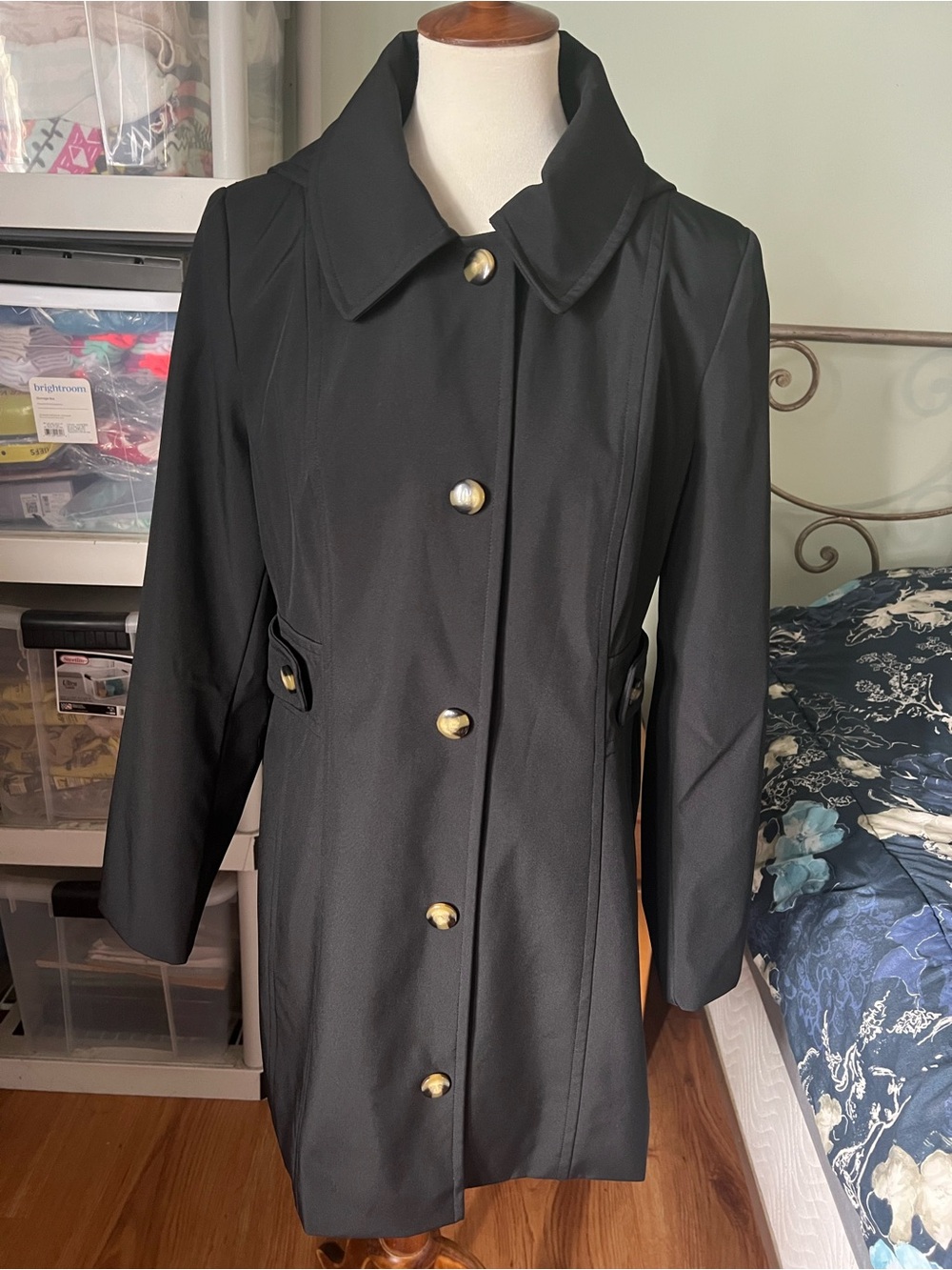 Anne Klein Women’s Medium Water Resistant Black Trench Coat Detachable Hood NWT